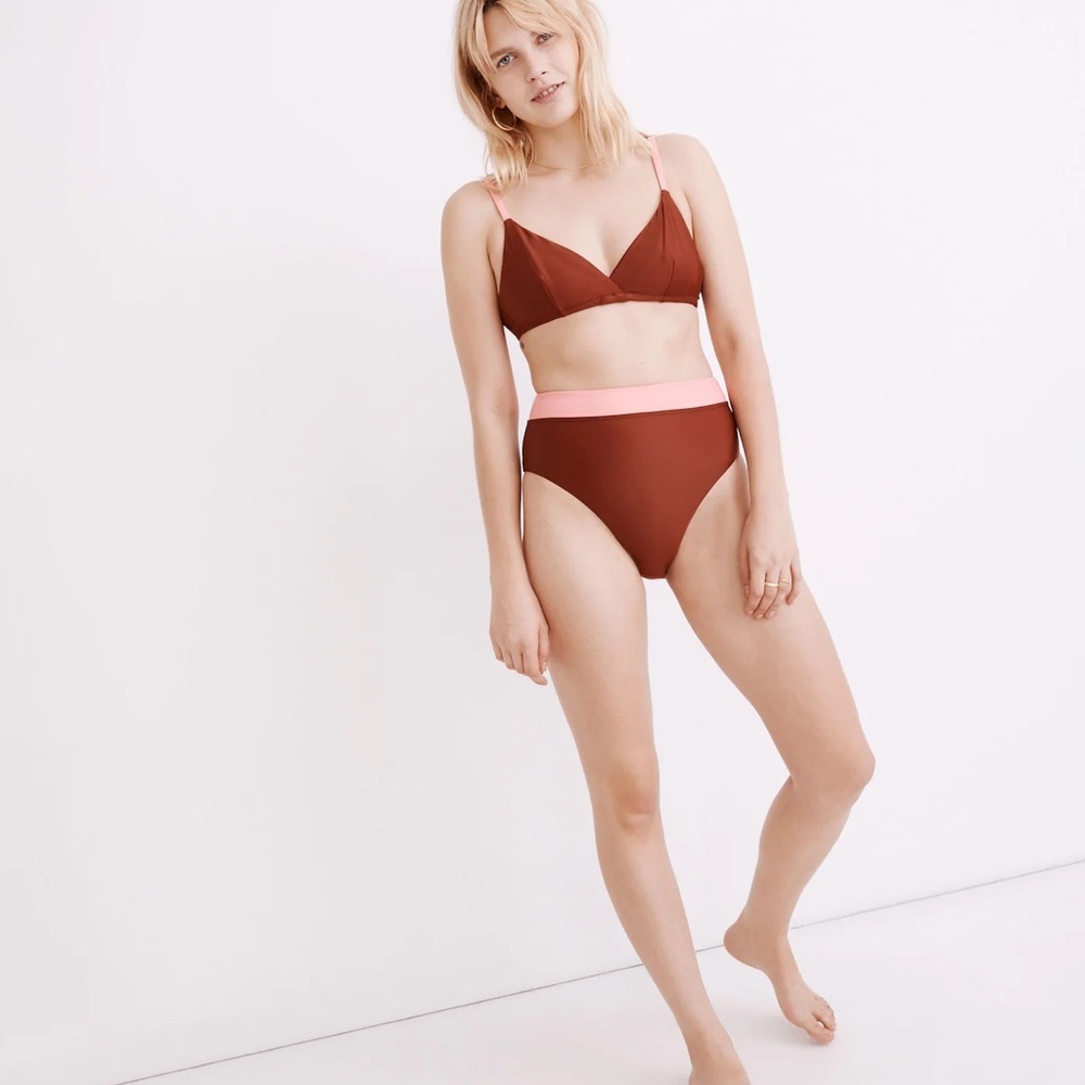 Madewell Second Wave Tie-Back Bikini High Waist Brown Pink Small